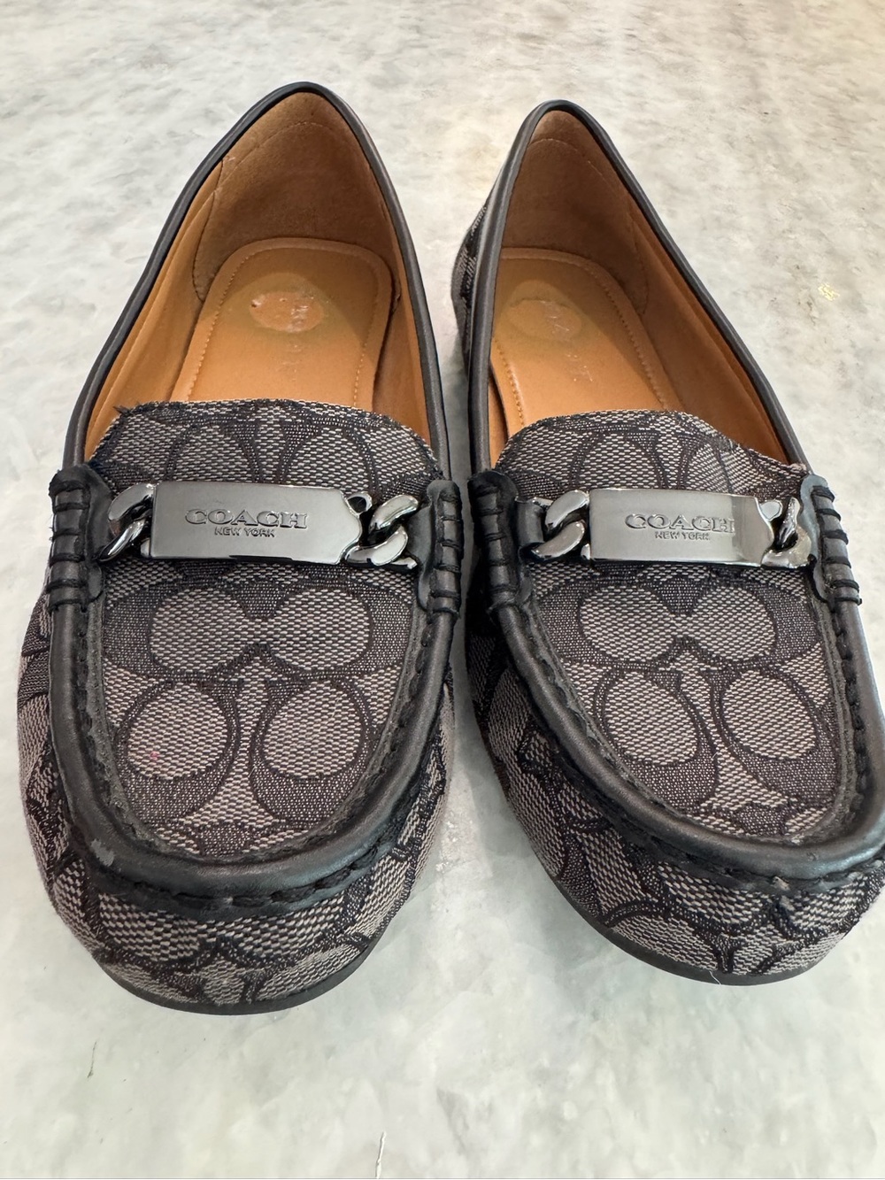 Coach Brown Signature C Gunmetal Chain-Trim Loafers - Picture 2 of 12